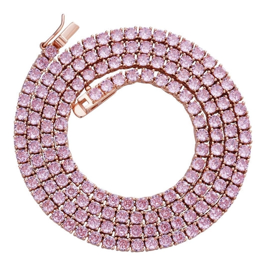 HarlemBling Tennis Chain Necklace Iced Out Pink CZ - 14k Rose Gold Vermeil 925 Silver - 3mm - 16-28"