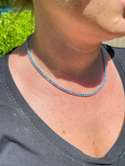 HarlemBling Tennis Chain Real 925 Sterling Silver Aquamarine Blue Diamond Necklace 16-24
