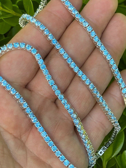 HarlemBling Tennis Chain Real 925 Sterling Silver Aquamarine Blue Diamond Necklace 16-24