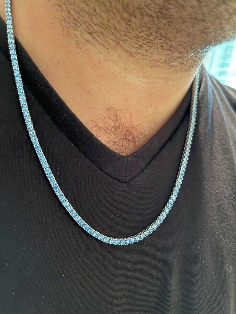 HarlemBling Tennis Chain Real 925 Sterling Silver Aquamarine Blue Diamond Necklace 16-24