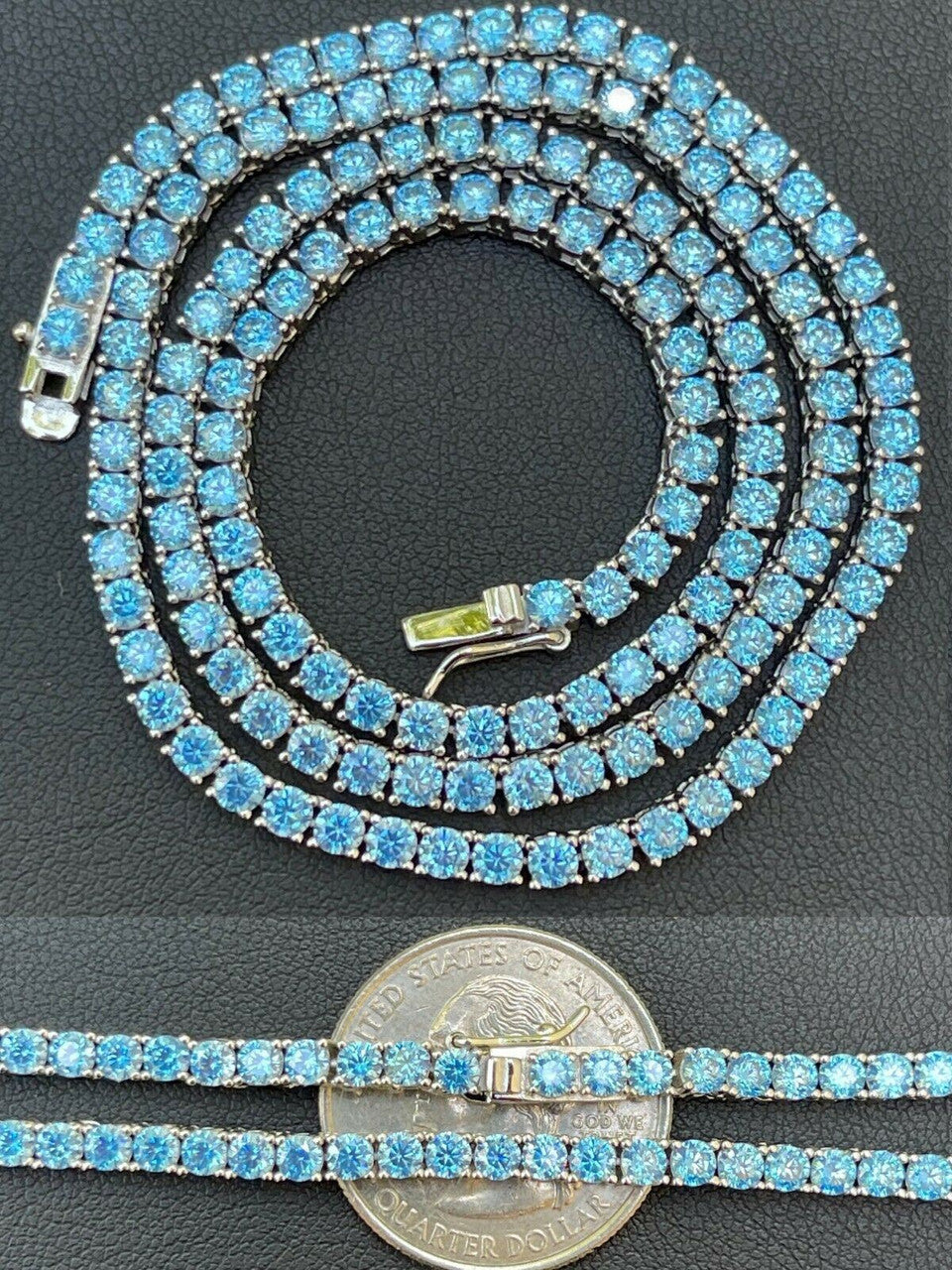 Tennis Chain Real 925 Sterling Silver Aquamarine Blue Diamond