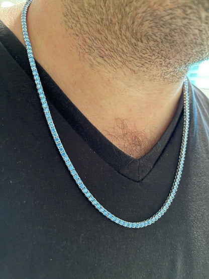 HarlemBling Tennis Chain Real 925 Sterling Silver Aquamarine Blue Diamond Necklace 16-24