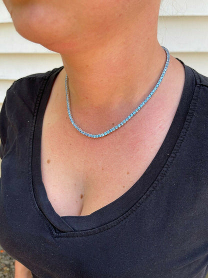HarlemBling Tennis Chain Real 925 Sterling Silver Aquamarine Blue Diamond Necklace 16-24