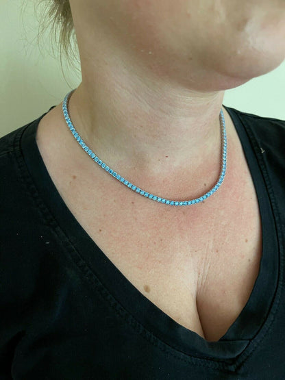 HarlemBling Tennis Chain Real 925 Sterling Silver Aquamarine Blue Diamond Necklace 16-24