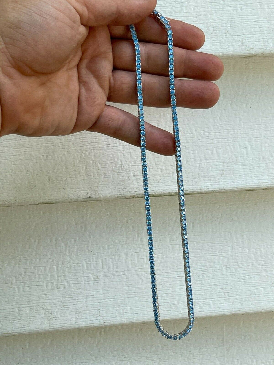 HarlemBling Tennis Chain Real 925 Sterling Silver Aquamarine Blue Diamond Necklace 16-24