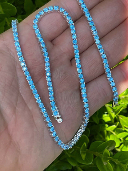 HarlemBling Tennis Chain Real 925 Sterling Silver Aquamarine Blue Diamond Necklace 16-24