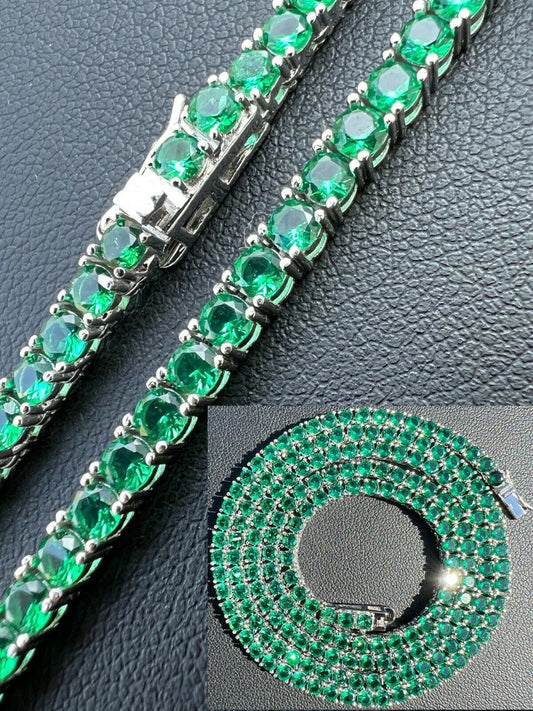 HarlemBling Tennis Chain Real 925 Sterling Silver Green Emerald Diamond Necklace 16-28 3mm