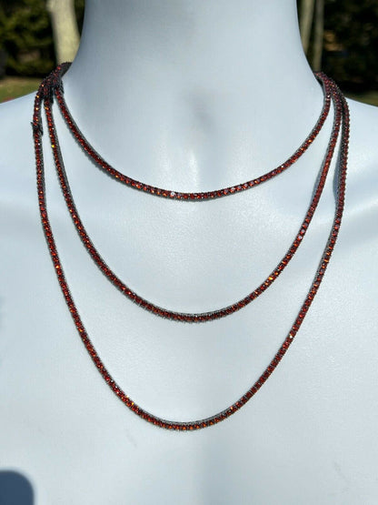 HarlemBling Tennis Chain Real 925 Sterling Silver Red Ruby Diamond Necklace 16-28 3mm Iced