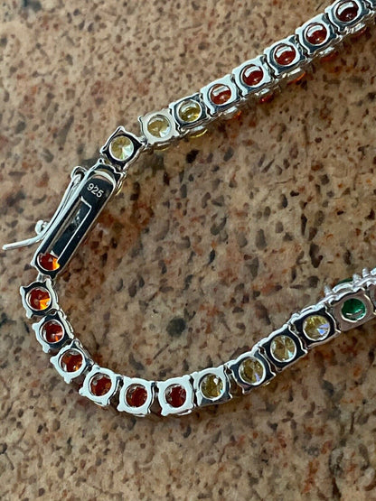HarlemBling Tennis Chain SOLID 925 Sterling Silver Single Row Rainbow Diamond Necklace ITALY