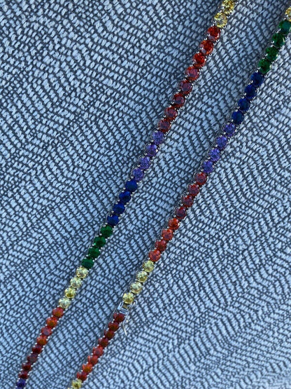 HarlemBling Tennis Chain SOLID 925 Sterling Silver Single Row Rainbow Diamond Necklace ITALY