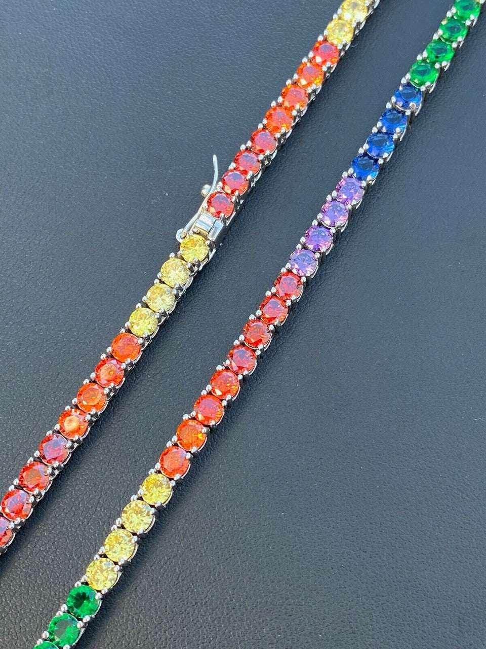 HarlemBling Tennis Chain SOLID 925 Sterling Silver Single Row Rainbow Diamond Necklace ITALY