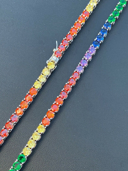 HarlemBling Tennis Chain SOLID 925 Sterling Silver Single Row Rainbow Diamond Necklace ITALY