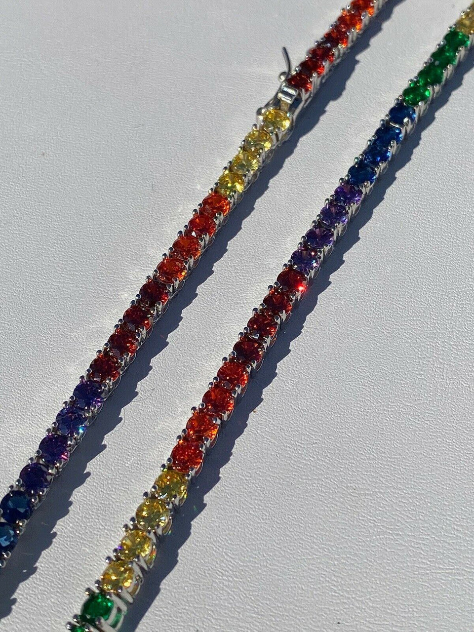 HarlemBling Tennis Chain SOLID 925 Sterling Silver Single Row Rainbow Diamond Necklace ITALY