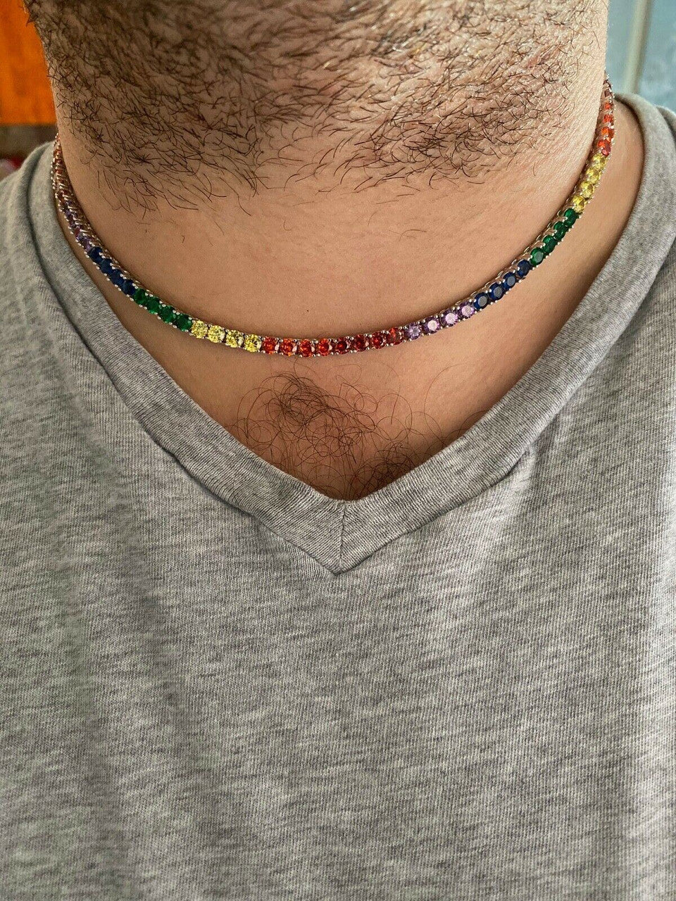 HarlemBling Tennis Chain SOLID 925 Sterling Silver Single Row Rainbow Diamond Necklace ITALY