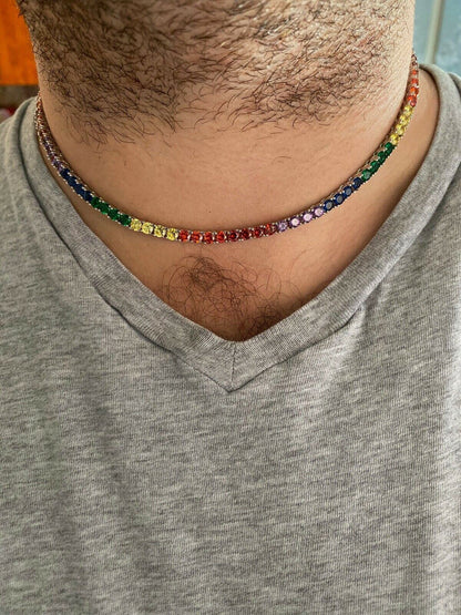HarlemBling Tennis Chain SOLID 925 Sterling Silver Single Row Rainbow Diamond Necklace ITALY