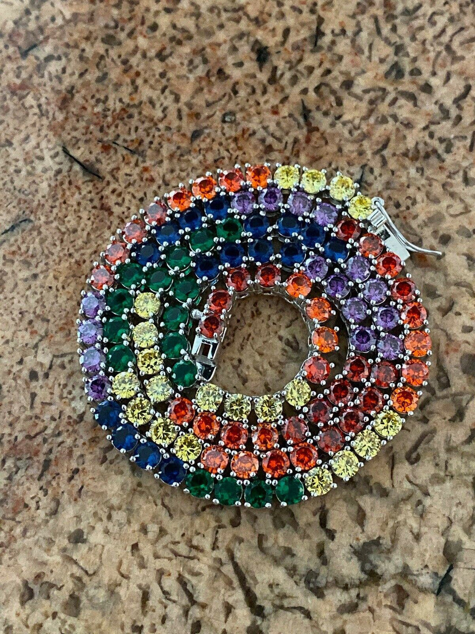 HarlemBling Tennis Chain SOLID 925 Sterling Silver Single Row Rainbow Diamond Necklace ITALY