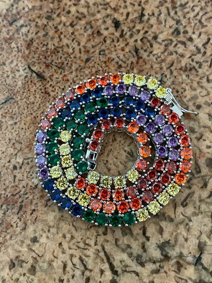 HarlemBling Tennis Chain SOLID 925 Sterling Silver Single Row Rainbow Diamond Necklace ITALY