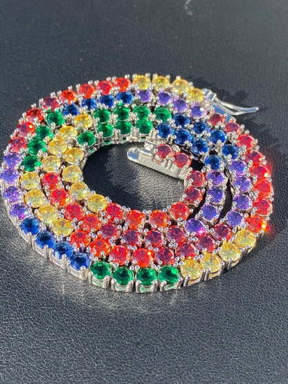 HarlemBling Tennis Chain SOLID 925 Sterling Silver Single Row Rainbow Diamond Necklace ITALY