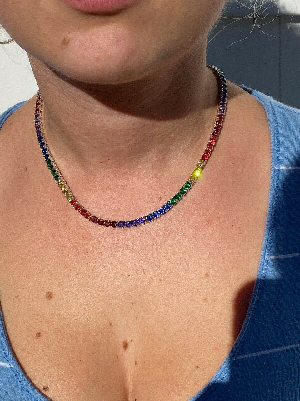 HarlemBling Tennis Chain SOLID 925 Sterling Silver Single Row Rainbow Diamond Necklace ITALY