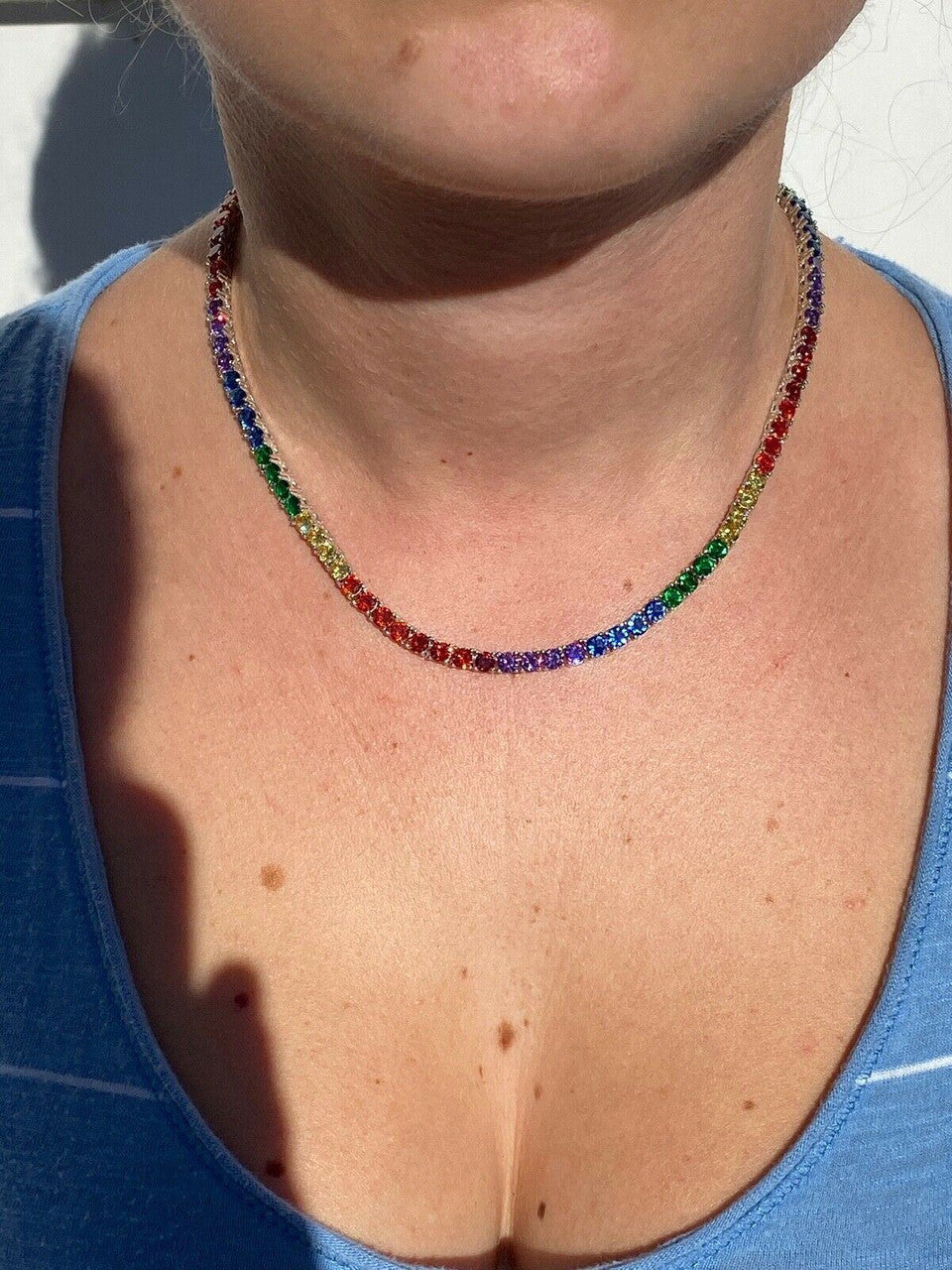 HarlemBling Tennis Chain SOLID 925 Sterling Silver Single Row Rainbow Diamond Necklace ITALY