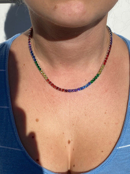 HarlemBling Tennis Chain SOLID 925 Sterling Silver Single Row Rainbow Diamond Necklace ITALY
