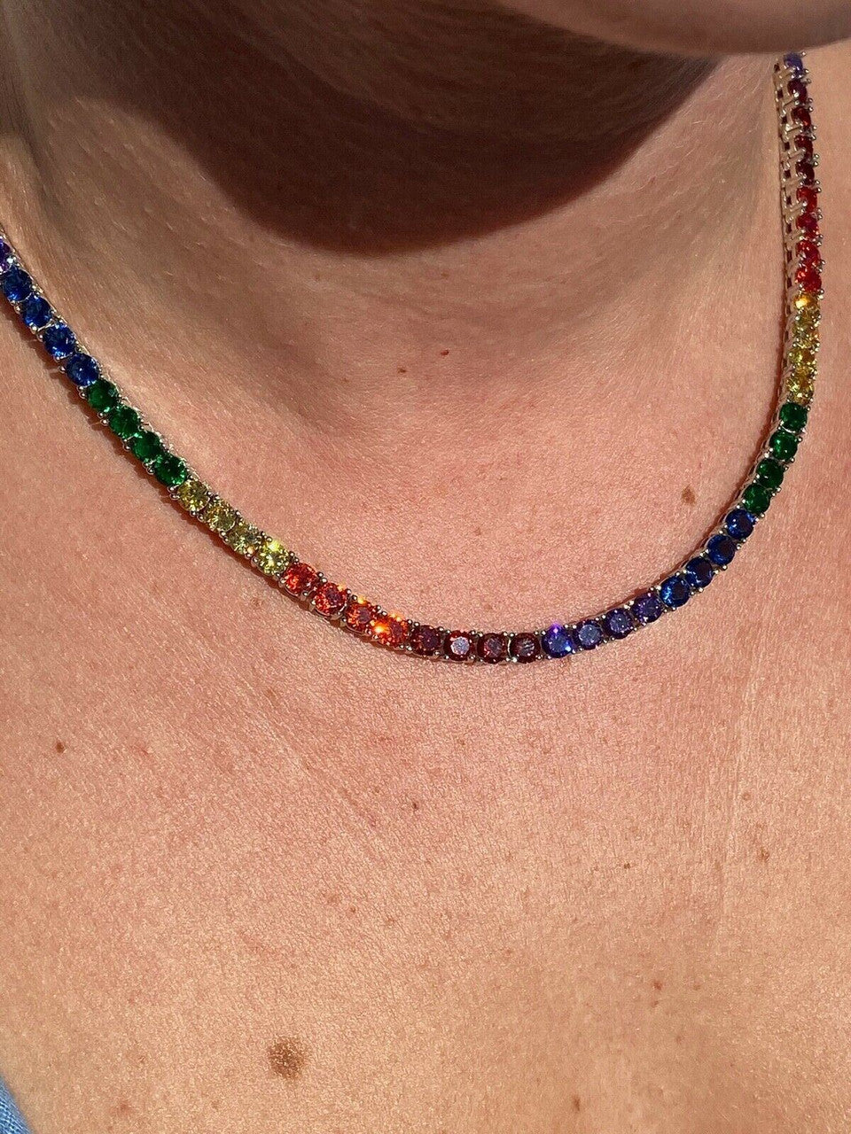 HarlemBling Tennis Chain SOLID 925 Sterling Silver Single Row Rainbow Diamond Necklace ITALY