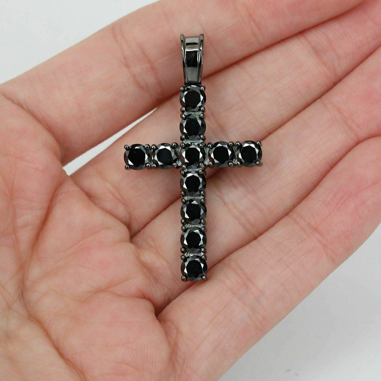 HarlemBling Tennis Chain W Cross Solid Real 925 Sterling Silver 4mm Black Diamonds 1 Row