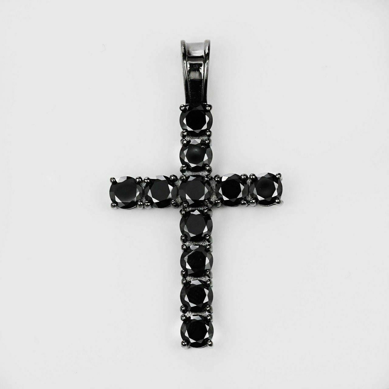 HarlemBling Tennis Chain W Cross Solid Real 925 Sterling Silver 4mm Black Diamonds 1 Row