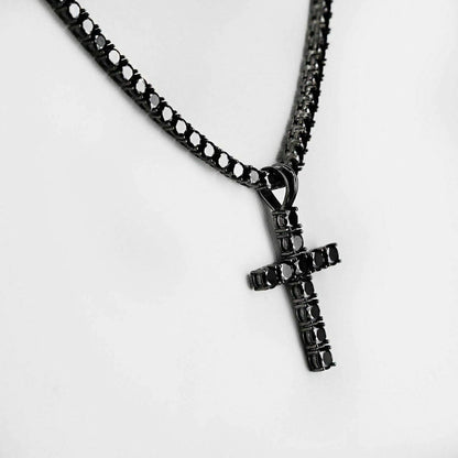 HarlemBling Tennis Chain W Cross Solid Real 925 Sterling Silver 4mm Black Diamonds 1 Row