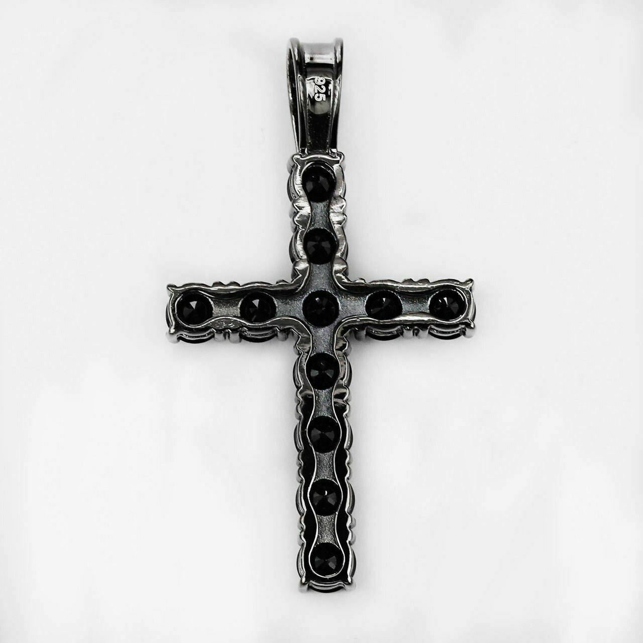 HarlemBling Tennis Chain W Cross Solid Real 925 Sterling Silver 4mm Black Diamonds 1 Row