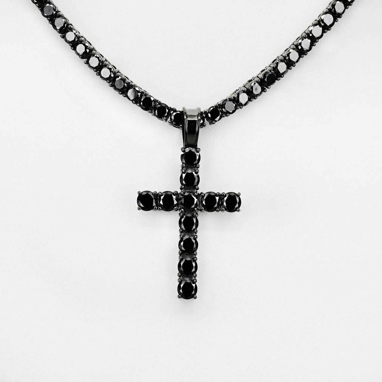 HarlemBling Tennis Chain W Cross Solid Real 925 Sterling Silver 4mm Black Diamonds 1 Row
