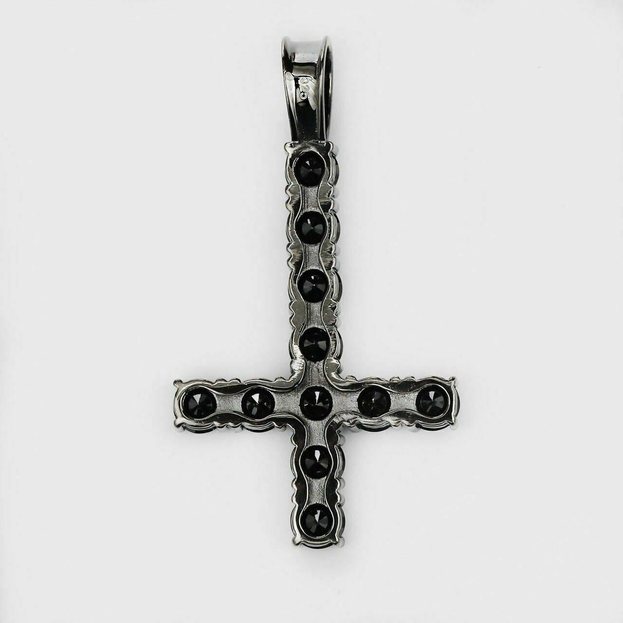 HarlemBling Tennis Chain W Upside Down Cross Solid Real 925 Silver 4mm Black Diamonds 1 Row