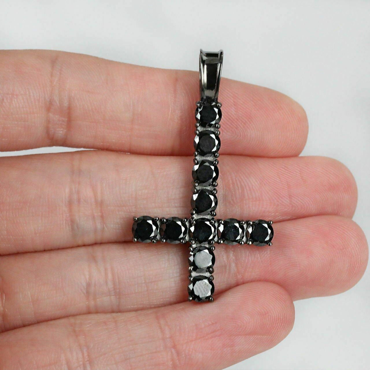 HarlemBling Tennis Chain W Upside Down Cross Solid Real 925 Silver 4mm Black Diamonds 1 Row
