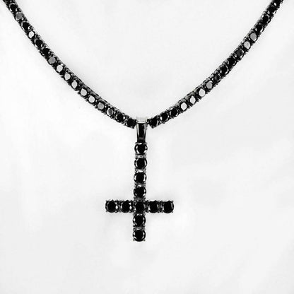 HarlemBling Tennis Chain W Upside Down Cross Solid Real 925 Silver 4mm Black Diamonds 1 Row