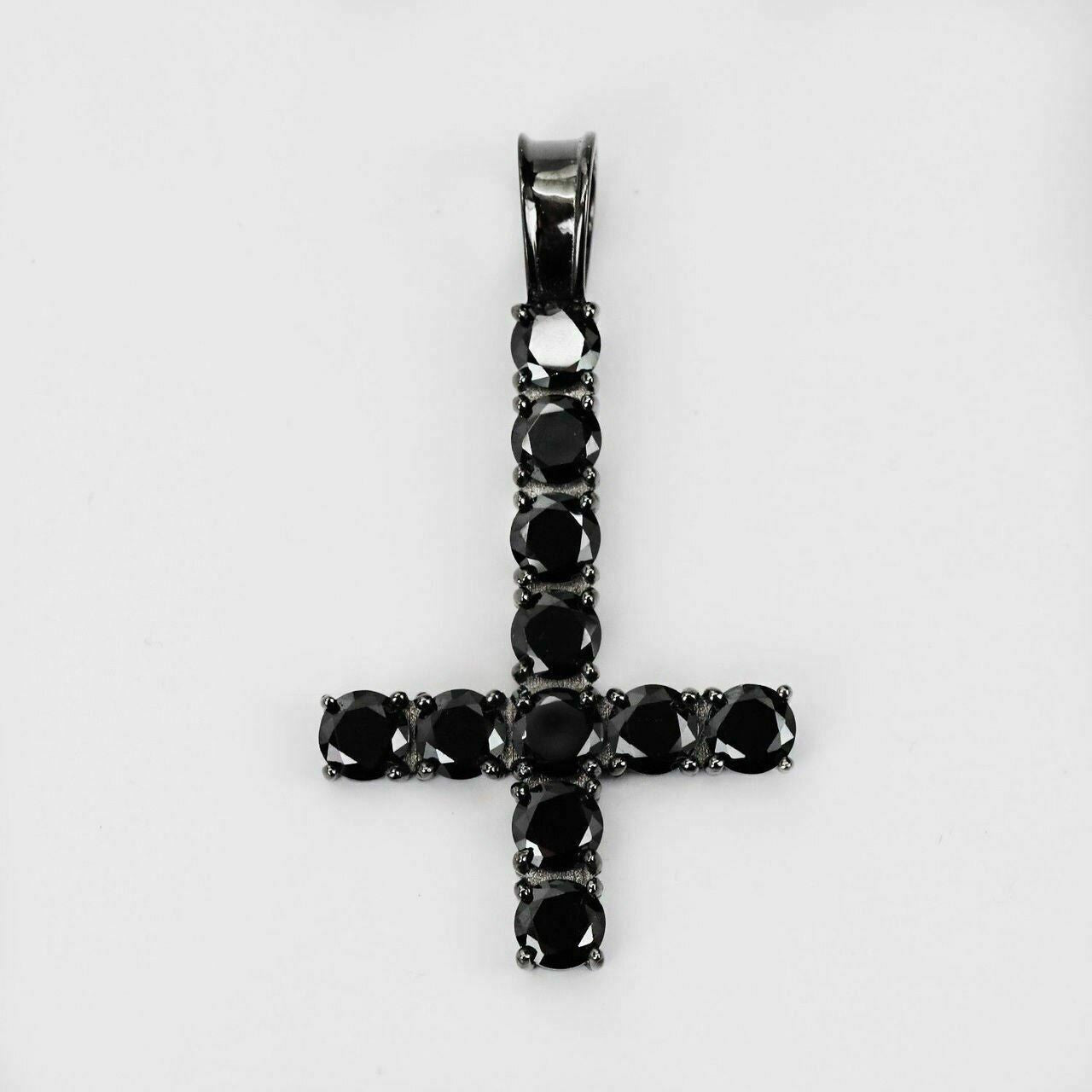 HarlemBling Tennis Chain W Upside Down Cross Solid Real 925 Silver 4mm Black Diamonds 1 Row