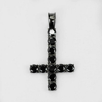 HarlemBling Tennis Chain W Upside Down Cross Solid Real 925 Silver 4mm Black Diamonds 1 Row