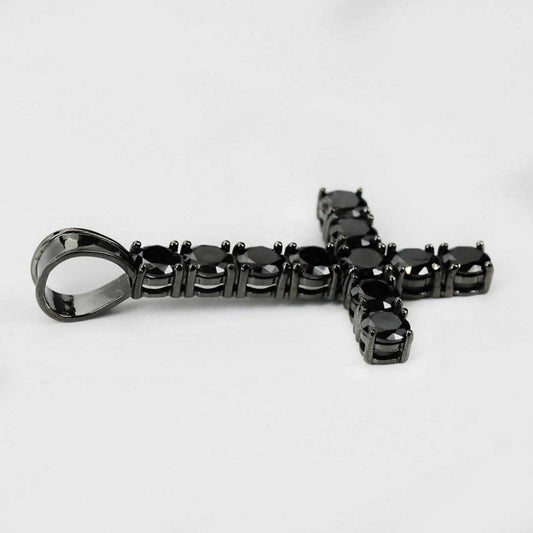 HarlemBling Tennis Chain W Upside Down Cross Solid Real 925 Silver 4mm Black Diamonds 1 Row