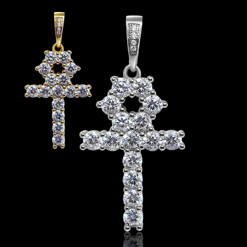 Tennis Egyptian Ankh Cross Pendant Necklace Gold Plated Silver
