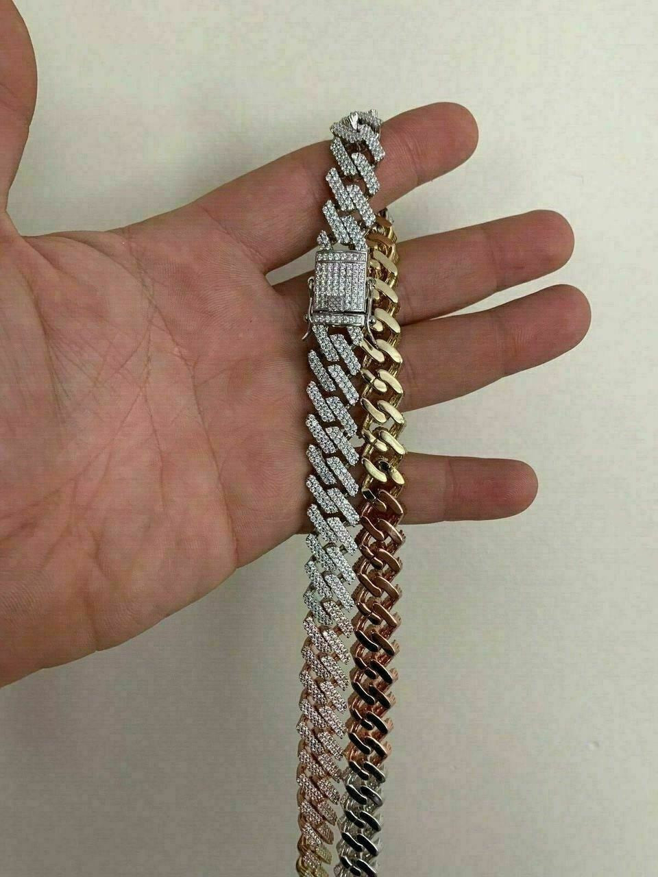 HarlemBling Tri Color Miami Cuban Prong Chain Yellow Rose Gold and Real Solid 925 Silver ICY