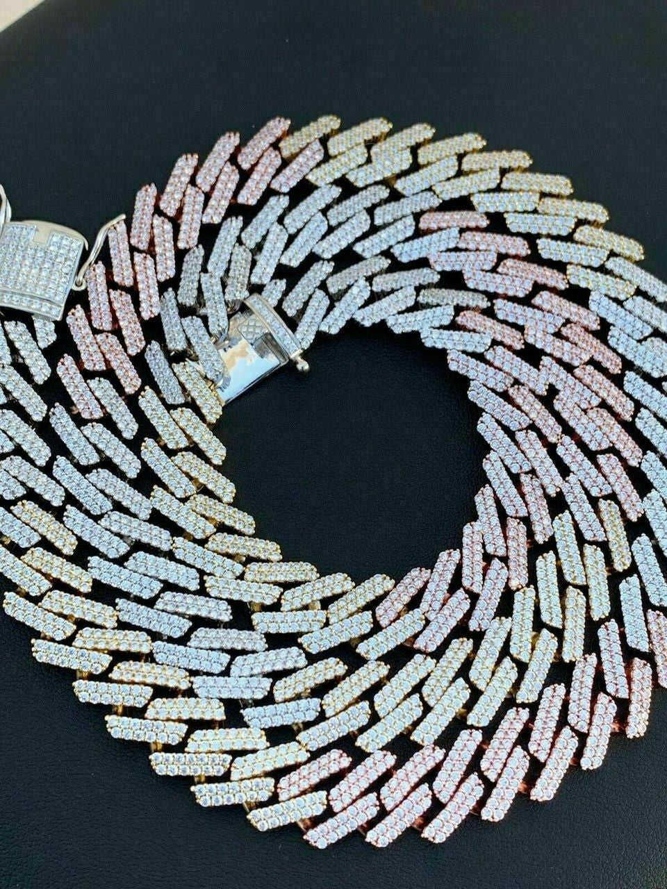 HarlemBling Tri Color Miami Cuban Prong Chain Yellow Rose Gold and Real Solid 925 Silver ICY