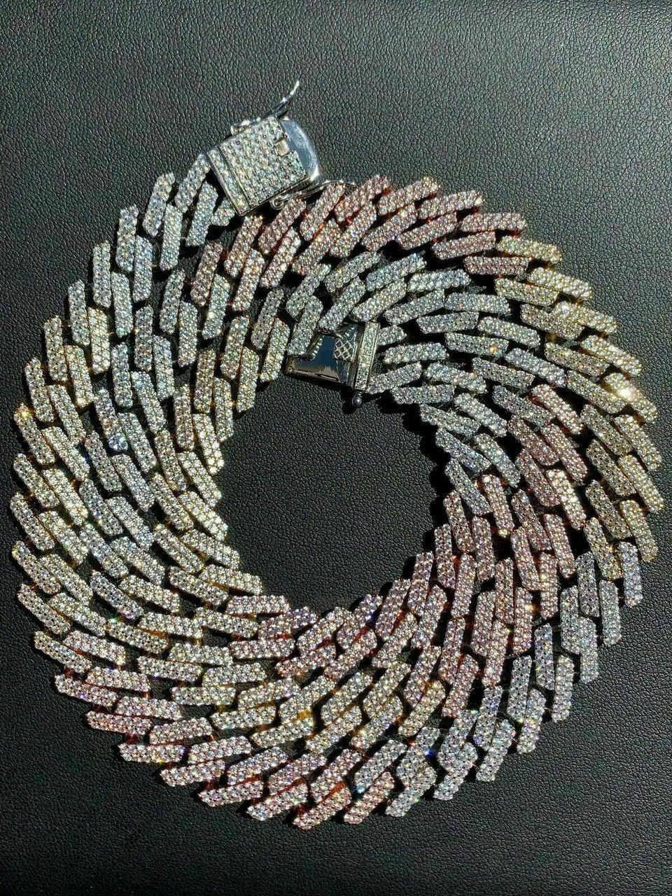 HarlemBling Tri Color Miami Cuban Prong Chain Yellow Rose Gold and Real Solid 925 Silver ICY