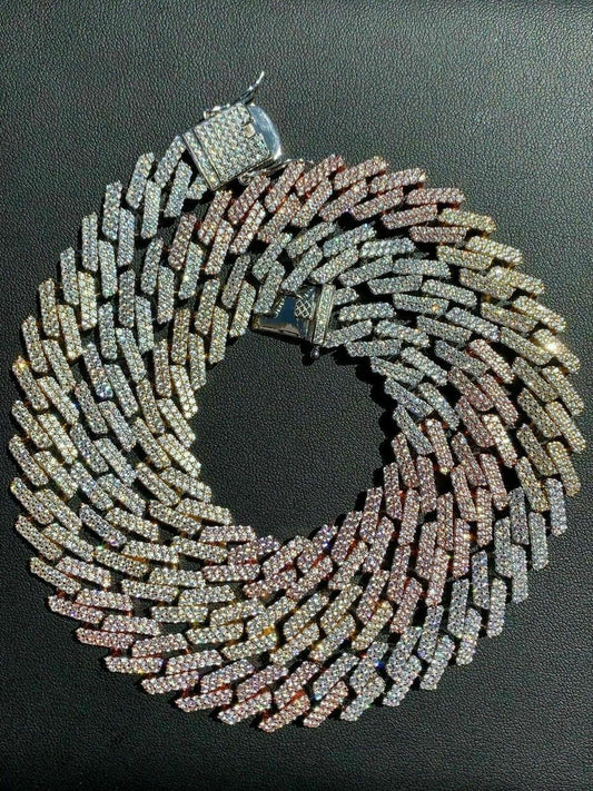 HarlemBling Tri Color Miami Cuban Prong Chain Yellow Rose Gold and Real Solid 925 Silver ICY