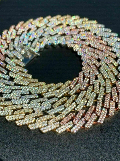 HarlemBling Tri Color Miami Cuban Prong Chain Yellow Rose Gold and Real Solid 925 Silver ICY