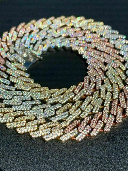 HarlemBling Tri Color Miami Cuban Prong Chain Yellow Rose Gold and Real Solid 925 Silver ICY