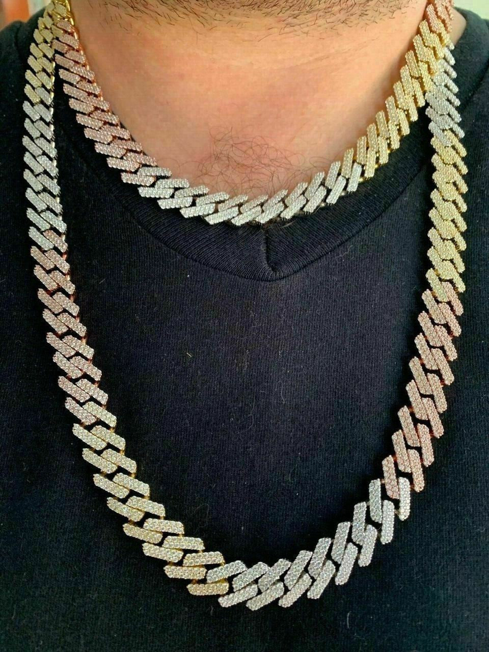 HarlemBling Tri Color Miami Cuban Prong Chain Yellow Rose Gold and Real Solid 925 Silver ICY