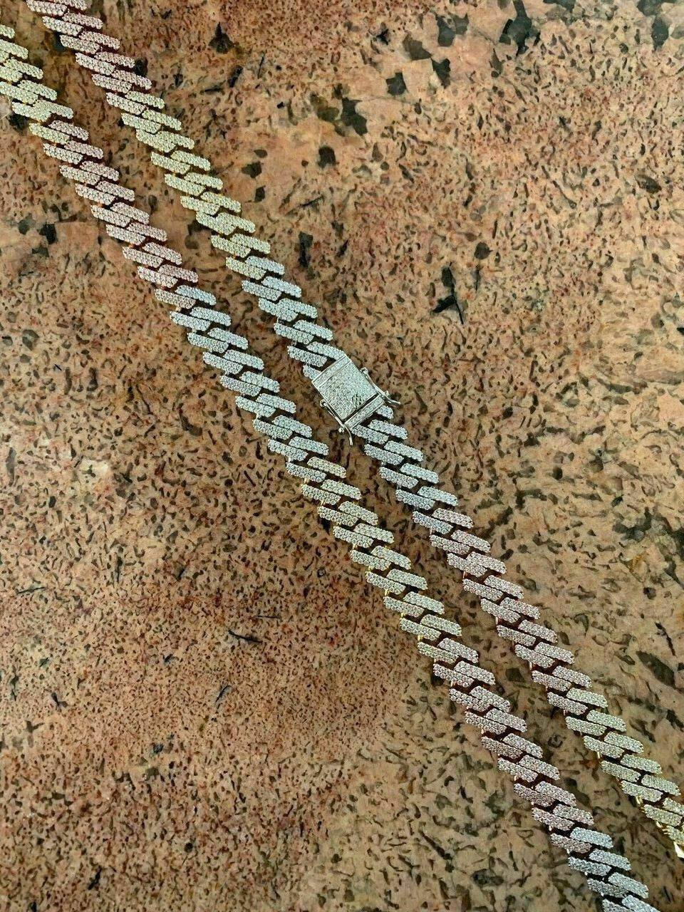 HarlemBling Tri Color Miami Cuban Prong Chain Yellow Rose Gold and Real Solid 925 Silver ICY