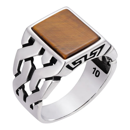 HarlemBling Twisted Path Solitaire Ring - 925 Silver Oxidized - Genuine Tiger's Eye Stone