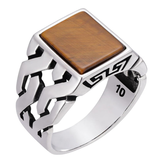 HarlemBling Twisted Path Solitaire Ring - 925 Silver Oxidized - Genuine Tiger's Eye Stone