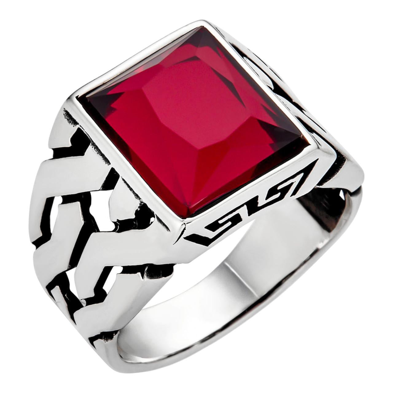 HarlemBling Twisted Path Solitaire Ring - 925 Silver Oxidized - Red CZ Stone