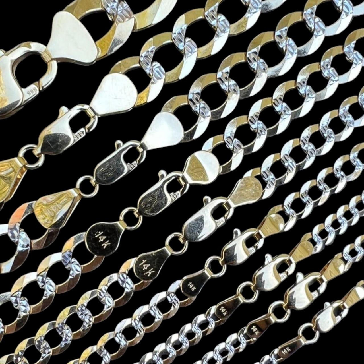 HarlemBling Two Tone Diamond Cut Curb Miami Cuban Link Chain Necklace - 14k Yellow Gold - 16"-30" - 2.6mm-12.2mm